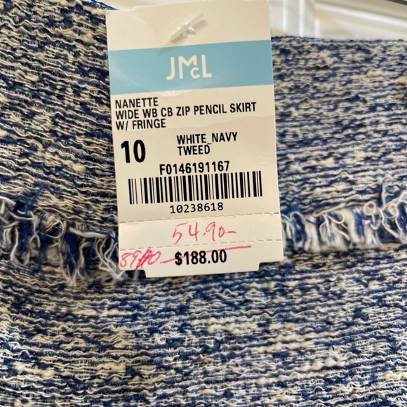 J. McLaughlin pencil skirt with Fringe white/ navy tweed size 10 NWT - Picture 2 of 3